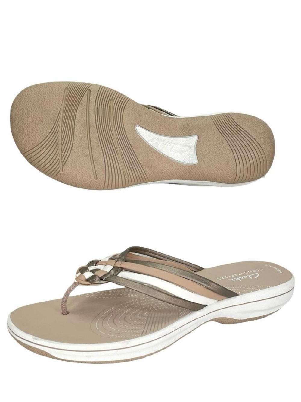 Clarks Women’s Beige, Cream and Brown Braided Thong Sandals
